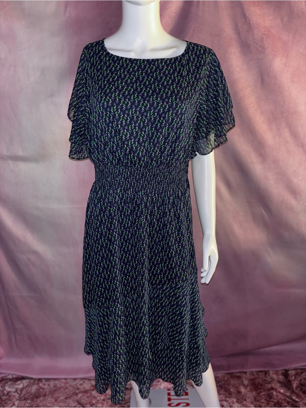 Ann Taylor Navy Midi Dress with Green Dot Print